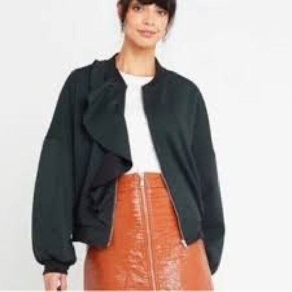 Few Moda Size L Green Ruffle Front Bomber Jacket Black Ribbed Trim Oversized Fit - Picture 1 of 5
